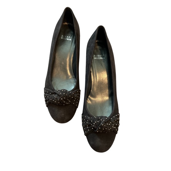 Stuart Weitzman Shoes - Stuart Weitzman Black Suede Studded Bow Wedge Pumps Shoes Size 9 SS Made Spain